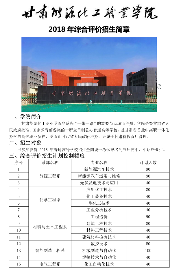 甘肃能源化工职业学院2018年综合评价招生简章