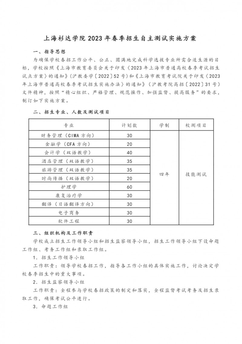 上海杉达学院2023年春季招生自主测试实施方案