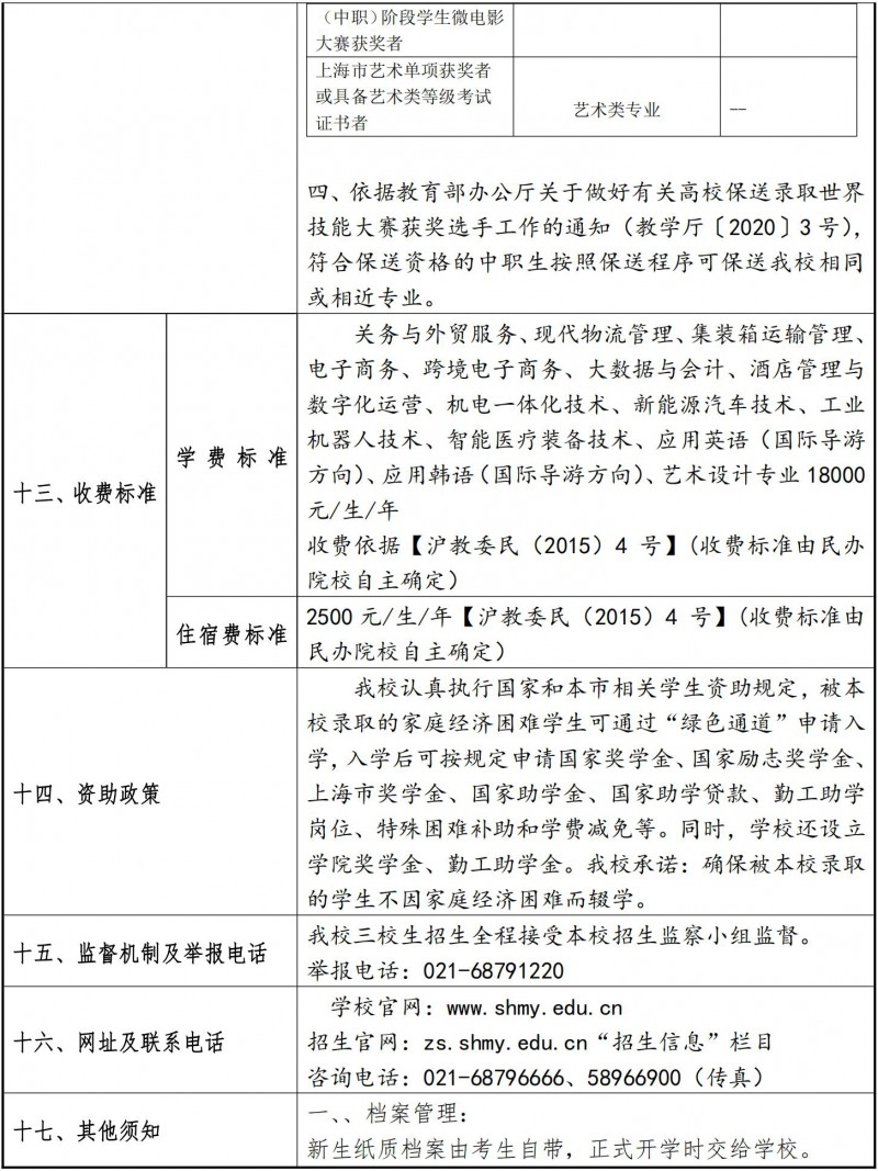 上海民远职业技术学院2023年三校生招生章程