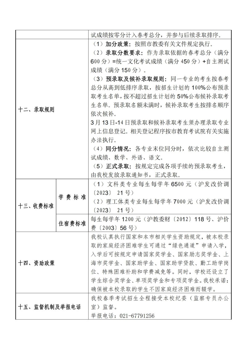 上海工程技术大学2024年春季高考招生章程