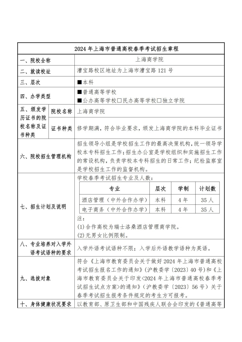 上海商学院2024年春季高考招生章程