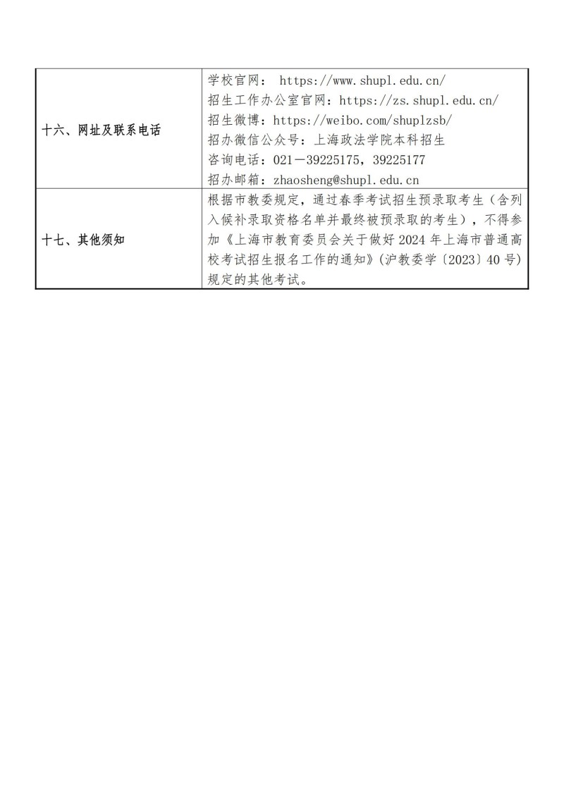 上海政法学院2024年春季高考招生章程