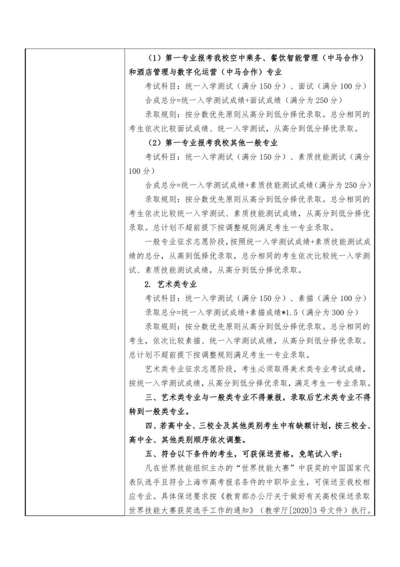 2024年上海工商职业技术学院自主招生章程